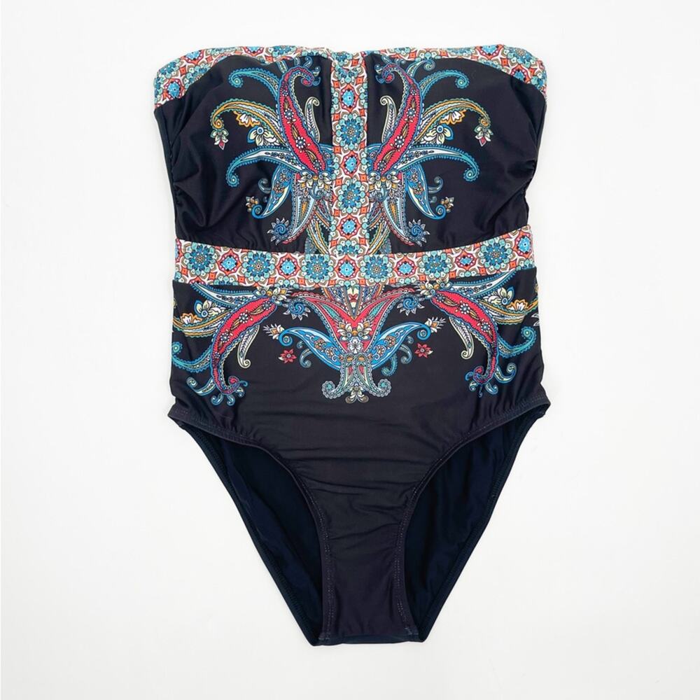 ATHENA Swimsuit One Piece Strapless Black Paisley Print Coastal Beach SZ 6 NWOT